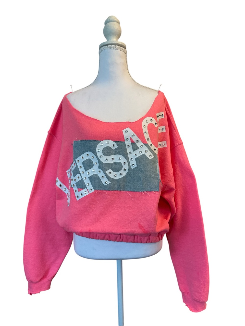 Hot Pink Off-the-Shoulder Studded Crop Top Logo Sweater